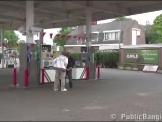 Very pregnant darling PUBLIC threesome at a gas station