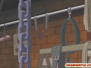 Chained anime brunette gets dildoed pussy and stupendous sucking stiff prick