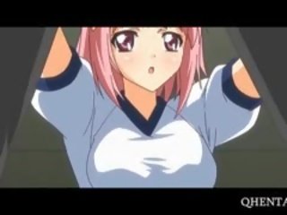 Ružový vlasy anime školské bábika jedla člen na knees