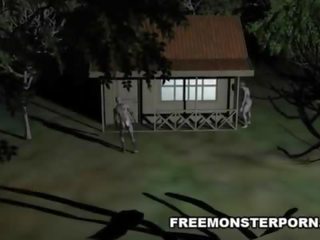 Busty 3D cartoon diva fucked hard outdoors by a zombie