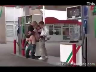 Public public X rated movie threesome with a pregnant woman at a gas