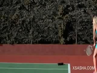 Dirty cutie prostitute Sasha teasing pussy with tennis racket