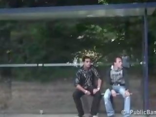 Public adult video extreme bus stop threesome