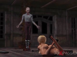 Joker fode difícil beguiling palhaço jovem fêmea em abandoned rachar scout