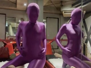 Sweetheart in Purple Zentai gives him Handhob to cum x rated film vids
