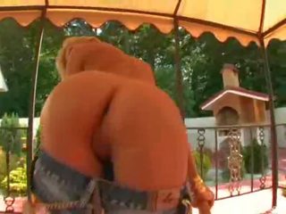 Blond in jeans hotpants gets assfucked and eats a load of cum