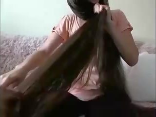 Voluptuous long haired brunet hairplay hair brush öl hair